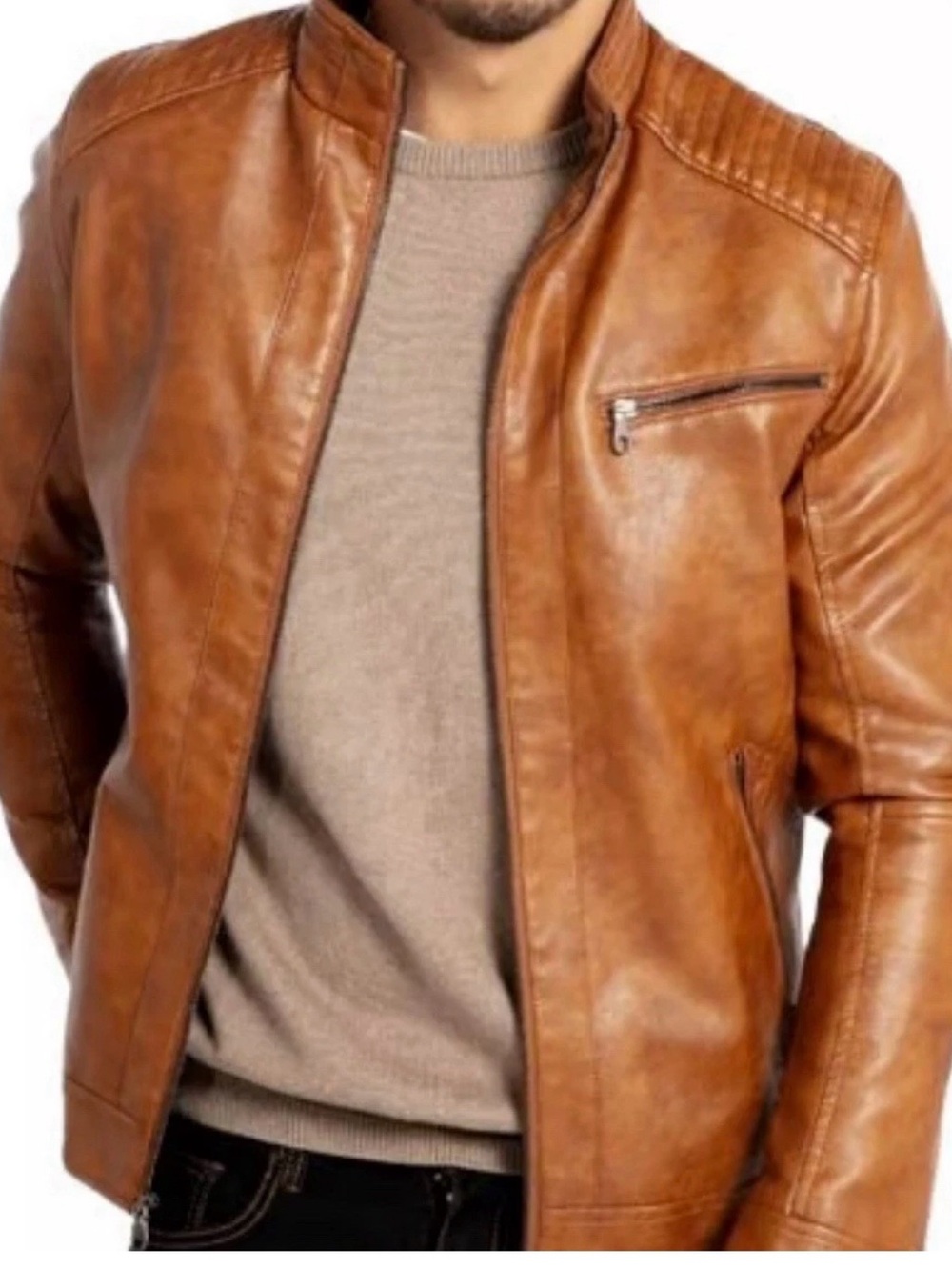 Men's Cognac Leather substitute Bomber Jacket - Classic Casual Jacket